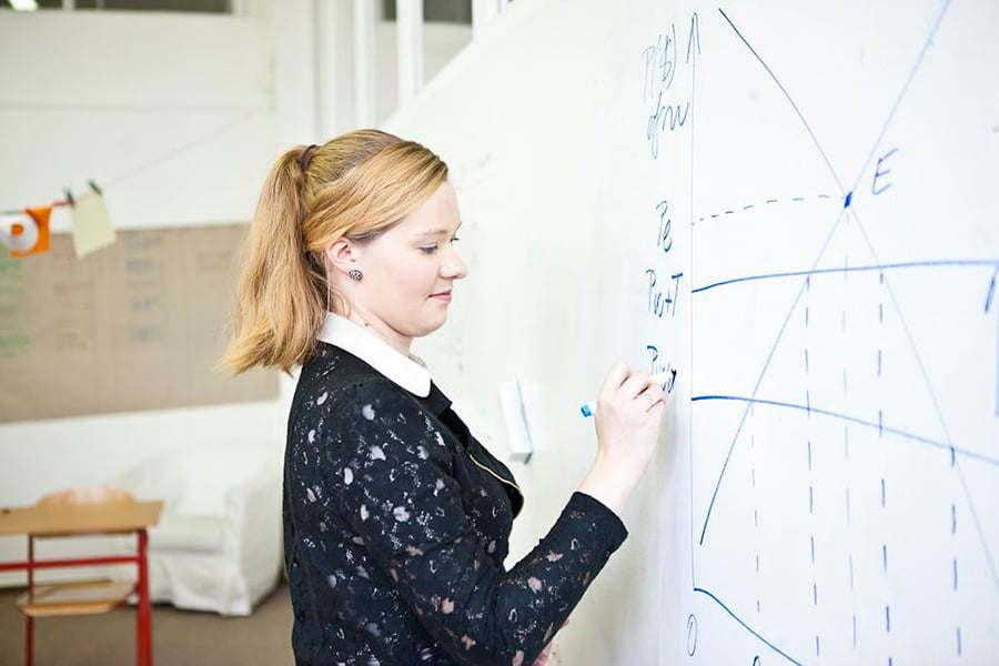 Smart whiteboard paint white used in a classroom